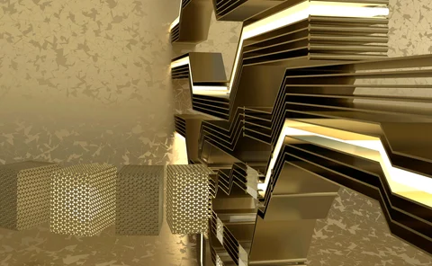 Abstract gold 3D geometric architecture with glowing edges and layered metallic forms, symbolizing innovation, luxury, and advanced technology