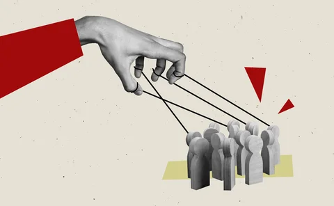 abstract image of people-like figures being manipulated like puppets by a hand with strings connecting to them