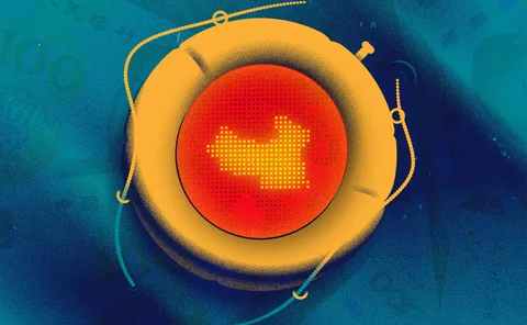 Illo of a lifeline on a sea of RMB with china map inside