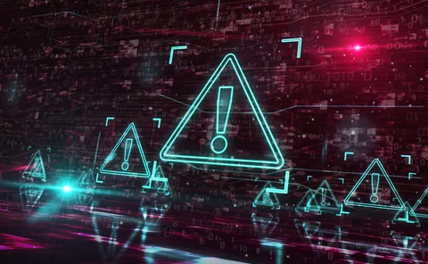 Alert warnings and security breach symbols with binary background