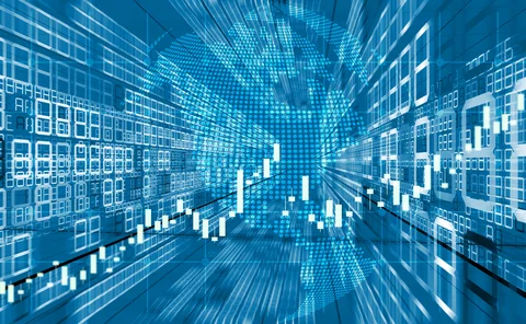 Abstract blue digital finance background featuring an upward-trending stock market candlestick chart, a dotted global map, and big data numerical displays