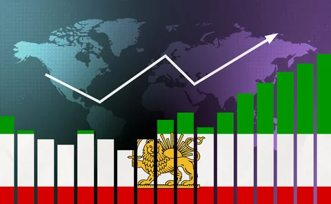 A rising bar chart superimposed with the Iran flag