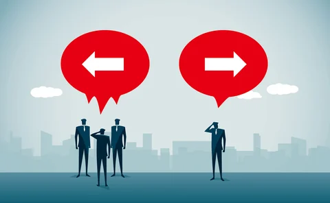 Illustration of characters thinking about which direction to go in - some think one way, others think another