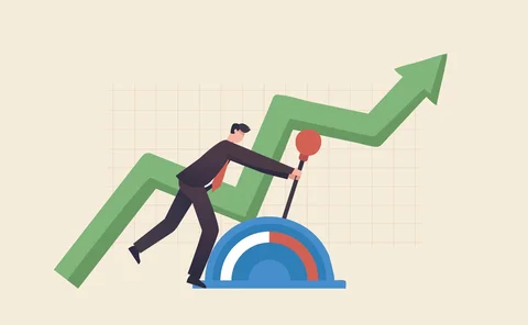 Man and lever illustration with an upwards arrow