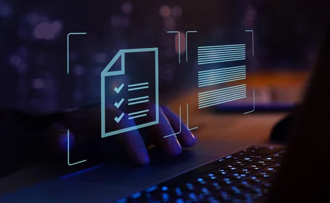 a digital checklist and document verification interface on a laptop, representing online workflows, productivity tools and data management technology.