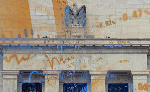 Fed building overlayed with numbers and charts, abstract 