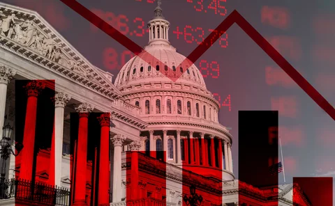 US Senate building overlaid with diverging blue and red CPI lines
