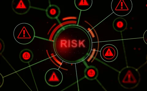 The word ‘risk’ lies at the centre of a graphic showing lost of circles, within which are ‘caution’ signs.