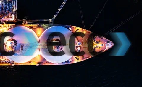 Overhead image of LNG tanker overlaid with clearing house European Commodity Clearing’s logo