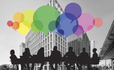 Esma headquarters in the background. In the foreground is a silhouette of people sitting round a meeting table with colourful speech bubbles 