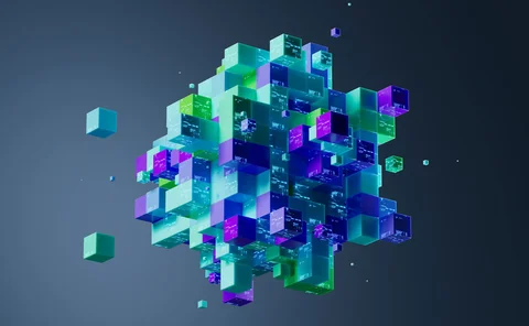 Abstract image of digital readouts on boxes floating in the ether