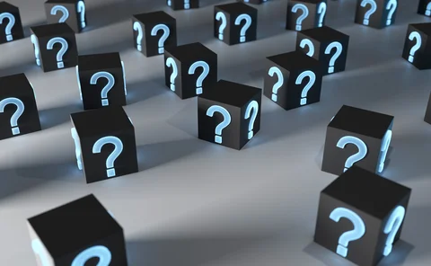 3D rendering of black boxes covered in glowing blue question marks