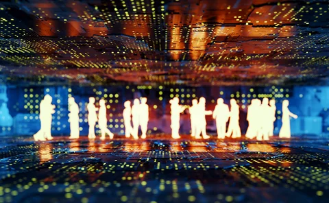 White silhouettes of people in front of a VR background
