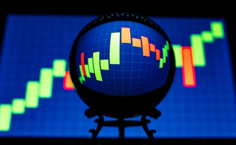 A candlestick chart viewed through a crystal ball