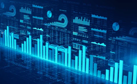 Futuristic data analytics dashboard with glowing blue bar charts, pie graphs and statistical visuals