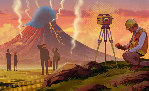 Simmering volcano with baseball cap about to blow