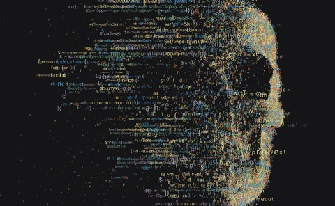 A skull made from software code is eroding as if being blown away