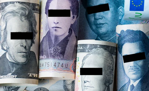 Blindfolded banknote figures