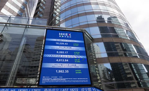 Hong Kong Stock Exchange building behind electronic information board
