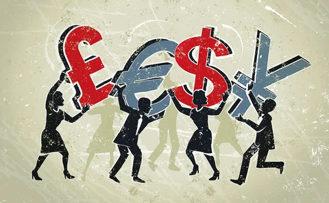 Illustration of people excitedly carrying currency symbols