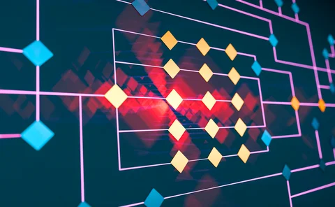 Node tree concept of parallel yellow and blue diamond shapes in sequence connected by pink lines on a dark blue background, depicting the operational process, decision-making and connections