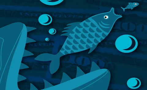 Fish preapring to eat smaller fish unaware an even bigger one is about to eat him