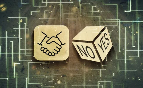 Yes No dice and handshake icon