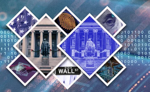A montage of US Treasury building and tokenisation related images on binary code background 