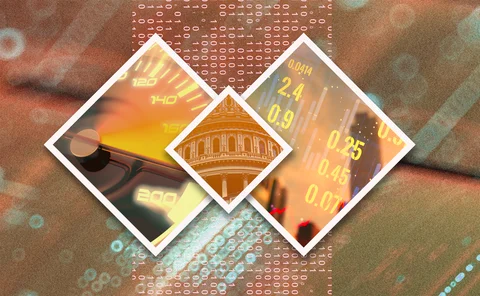 Montage of speedometer and government bonds with binary number background