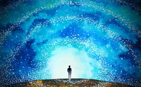 Illustration styled like a watercolour painting of a human standing on the horizon with a bright sky above