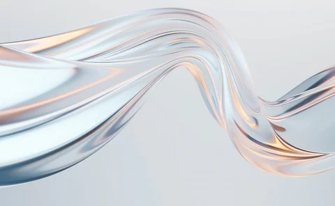 Abstract 3D composition of flowing, ribbon-like forms in soft blue, white and peach tones, creating smooth waves and curves against a pale background