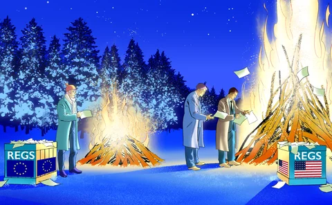 Illustration - US people are throwing regulations on a bonfire, while a UK person is reluctant to do so