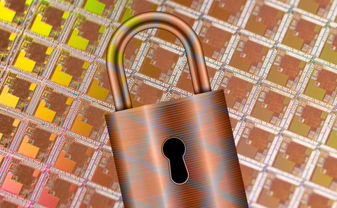Padlock against a sheet of silicon wafers