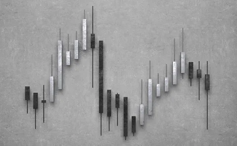 Monochrome financial trading chart with black and silver candlesticks on a textured grey background, representing stock market price movements, investment trends and financial market volatility
