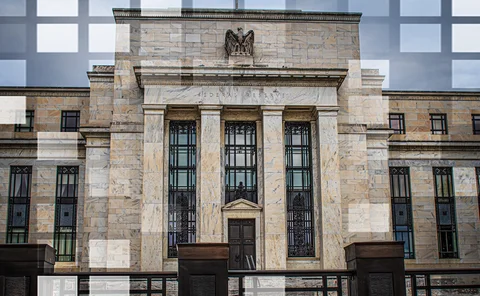 US Federal Reserve building overlaid with translucent wall and windows