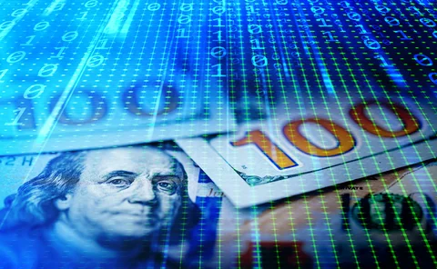 Dollar and euro with binary data background