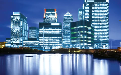 A view of Canary Wharf at night