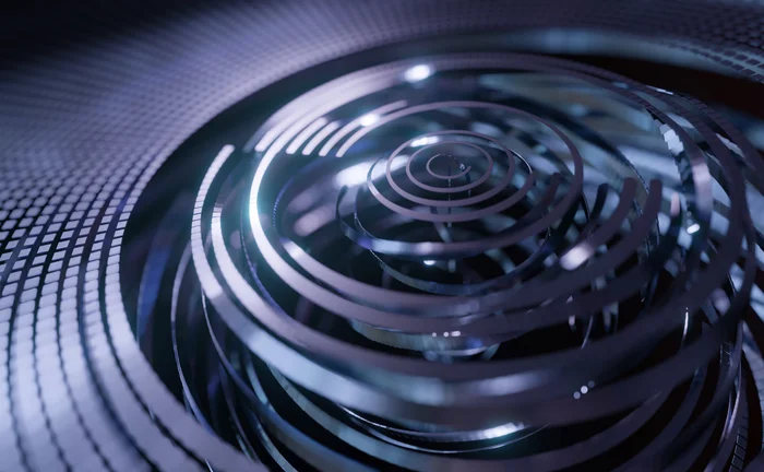 Abstract digital vortex of concentric metallic rings and data grids, representing artificial intelligence processing, advanced analytics, and high-performance computing systems