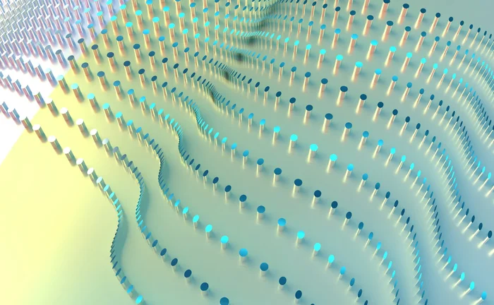 Abstract data visualization with rows of illuminated dots forming wave-like patterns, symbolizing digital data streams, analytics, and artificial intelligence
