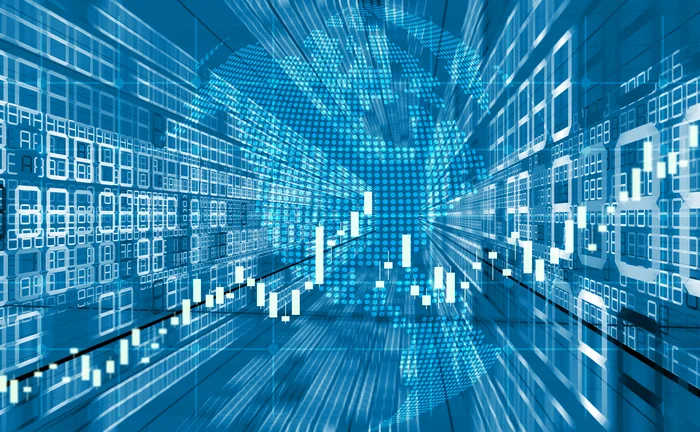 Abstract blue digital finance background featuring an upward-trending stock market candlestick chart, a dotted global map, and big data numerical displays