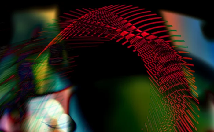 Abstract digital art featuring a glowing red geometric wave or mesh structure on a dark background with colorful blurred light effects, representing futuristic data flow, AI networks and technology visualisation