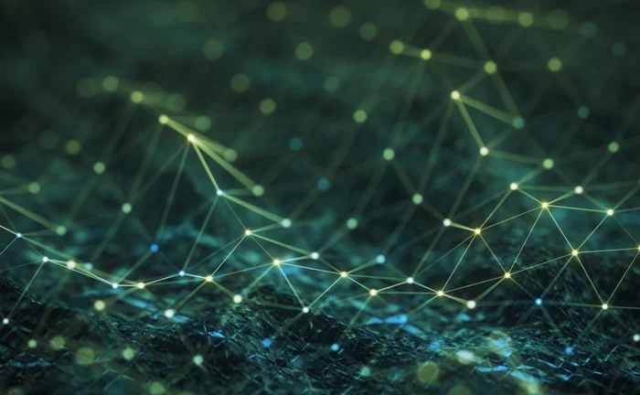 Abstract digital network of connected nodes and data points forming a neural-like grid, representing artificial intelligence, machine learning systems, and interconnected data infrastructure