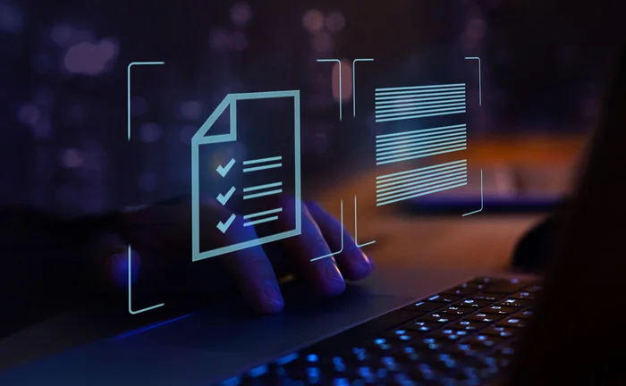 a digital checklist and document verification interface on a laptop, representing online workflows, productivity tools and data management technology.