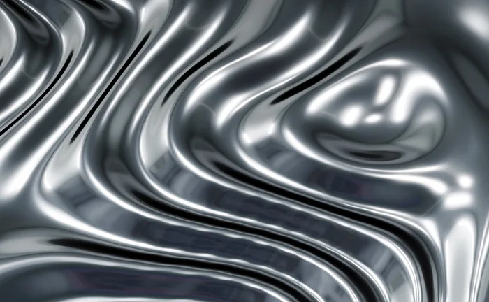 Abstract liquid chrome background with reflective metallic waves, futuristic silver texture and fluid 3D design