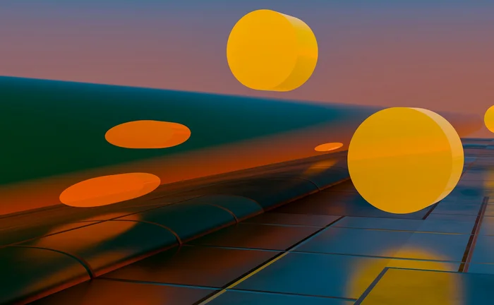 Large golden spheres hover over a glossy tiled surface, casting reflections against a gradient sky in an abstract futuristic landscape, symbolising innovation, creativity, and digital transformation