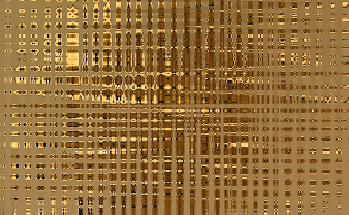 Abstract gold geometric background featuring a reflective metallic grid of rectangular shapes, modern digital pattern, luxury texture, and technology-inspired design