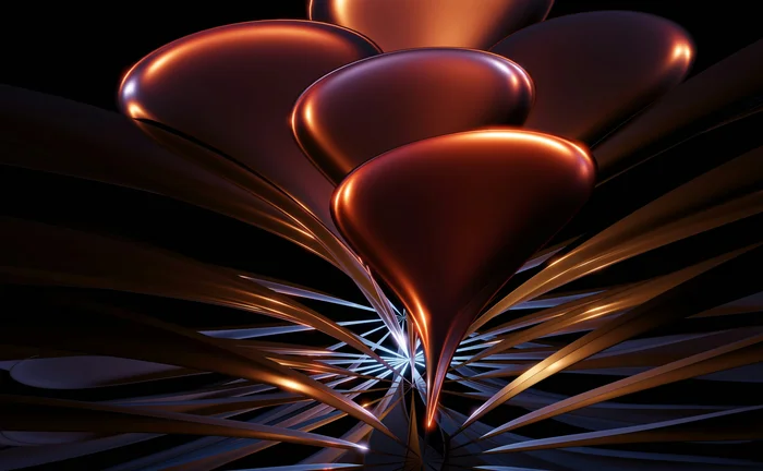 Abstract 3D artwork of glossy copper and dark metallic forms radiating from a central point against a black background, creating a futuristic, flower-like structure