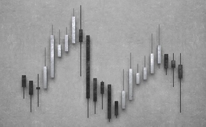 Monochrome financial trading chart with black and silver candlesticks on a textured grey background, representing stock market price movements, investment trends and financial market volatility