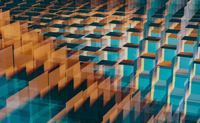 Abstract geometric pattern of translucent rectangular structures in turquoise, teal and amber, creating a layered three-dimensional grid.