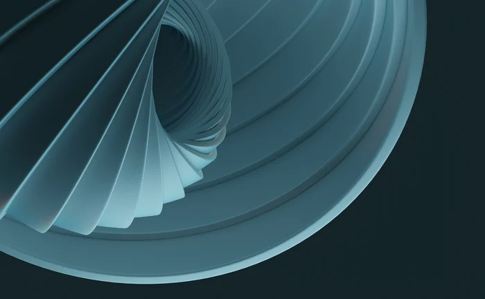 Abstract 3D digital art featuring teal and dark blue curved geometric layers forming a spiral tunnel